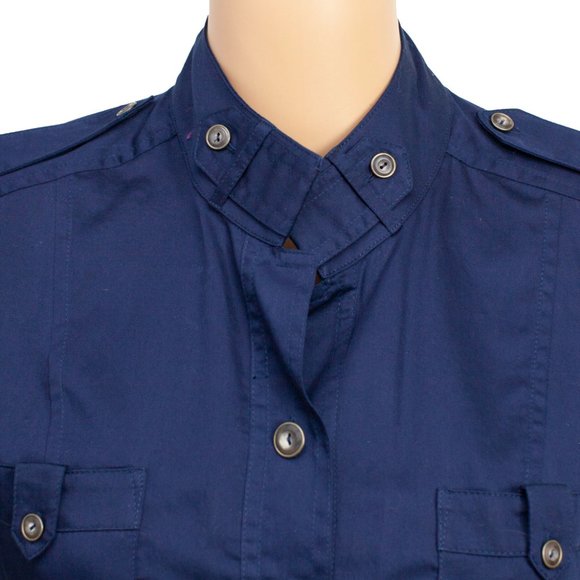 Vintage DVF Safari Blouse Navy Blue Cotton Button Down Top Size 10 - Picture 6 of 6